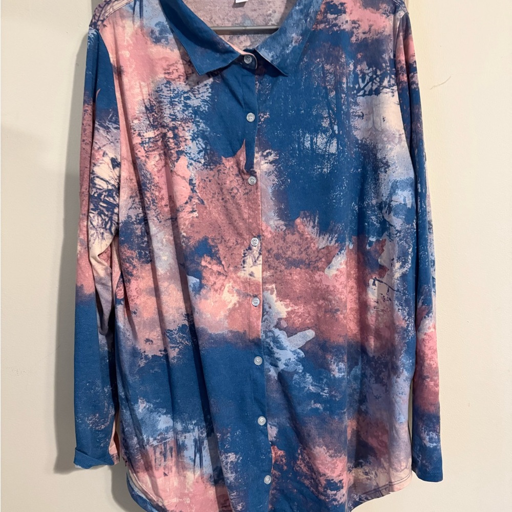 LuLaRoe Blue and Pink Button Down Shirt with Tie-Dye Pattern